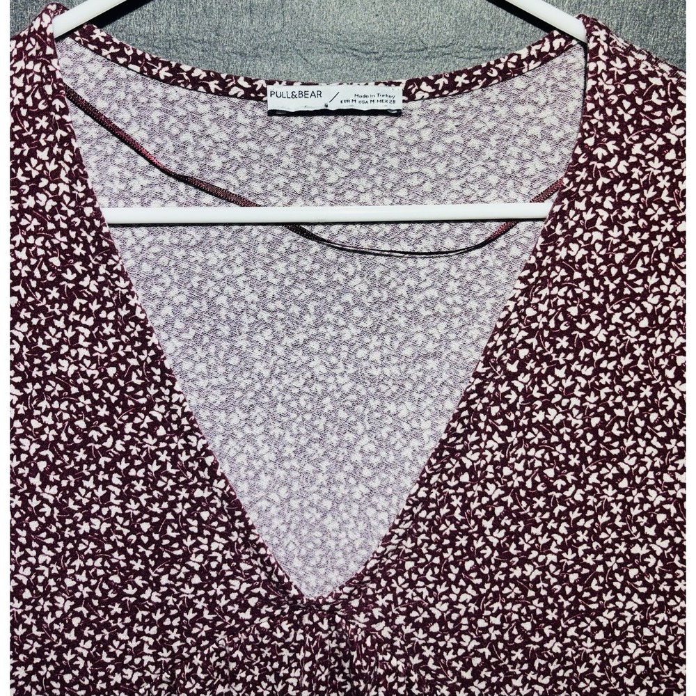 Pull&Bear Dress Women M Burgundy Floral Print Long Sleeve  V-Neck Boho Casual - Picture 3 of 16